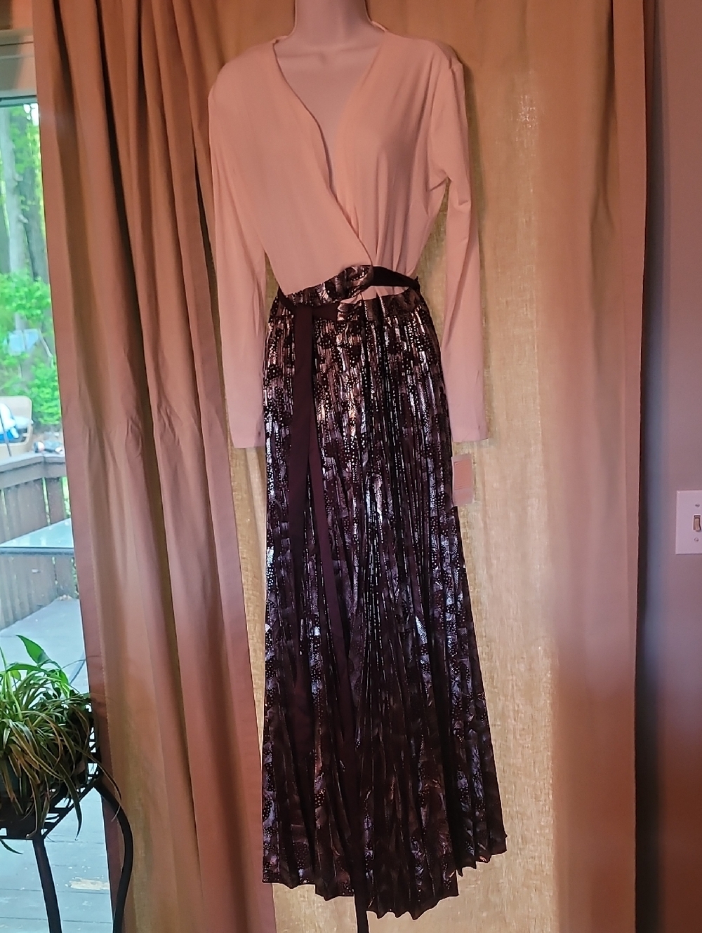 LuLaRoe Maxi Dress Two-Tone Ivory Top with Purple Patterned Skirt DeAnne